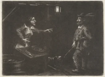 Nachtgezicht met visverkoopster en een urinerende man