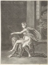 Socrates door zijn vrouw bespot Socrates & Xantippe (titel op object)