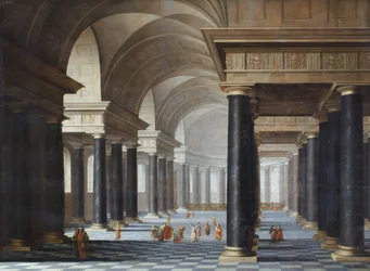 Het interieur van een kerk met zuilen van zwart marmer en figuren in antieke kleding