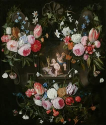 Een Cartouche Stilleven van Bloemen Rondom een Allegorisch Beeld van Putti met Kostbare Objecten en een Masker, 1648