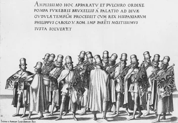 Groep trompetters bij de begrafenisstoet van keizer Karel V, 1559