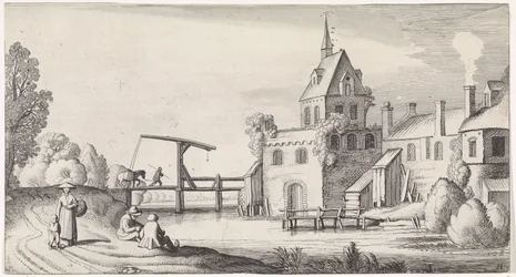 Figuren bij een ophaalbrug voor een dorp met kerktoren