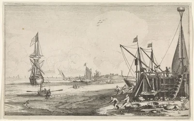 Havenhoofd met vissers die hun netten binnenhalen