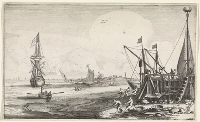 Havenhoofd met vissers die hun netten binnenhalen