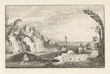 Huifkar op een pad in een bergachtig rivierlandschap