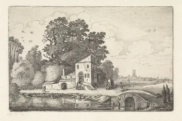 Huis bij een stenen brug in een rivierlandschap