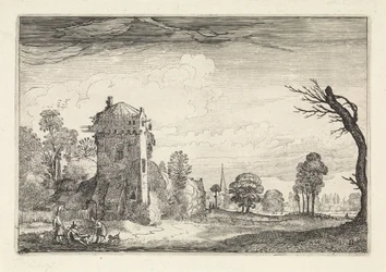 Jagers met honden bij een toren in een landschap (Landschappen, Amenissimae aliquot requculae)