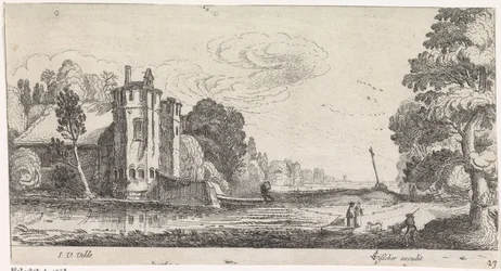 Landschap met figuren bij een versterkt huis met twee torens