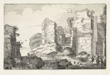 Landschap met ruïnes en een watermolen