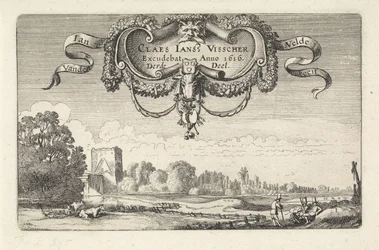 Rustende figuren in een landschap met koeien en een toren