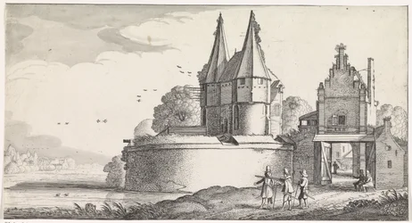 Soldaten bij een fort en een stadspoort aan een rivier