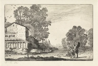 Tobias en de engel in een landschap met een ruïne