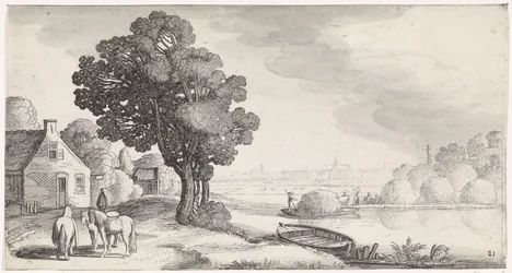 Transport van hooi op een rivier met Haarlem in de verte