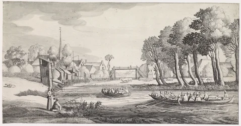 Twee roeiboten op een rivier bij een dorp