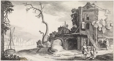 Twee valkeniers bij een toren gebruikt als herberg