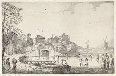 Winterlandschap met schaatsers bij een brug