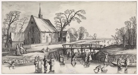 Winterlandschap met schaatsers bij een dorp