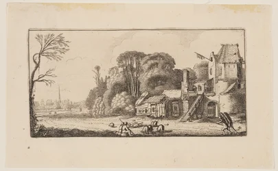 Landschap met varkens en twee marskramers, uit Zes landschappen