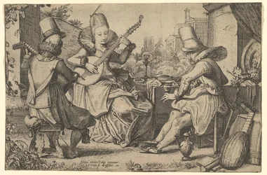 Twee elegant geklede mannen en een vrouw in een tuin, 1613-41