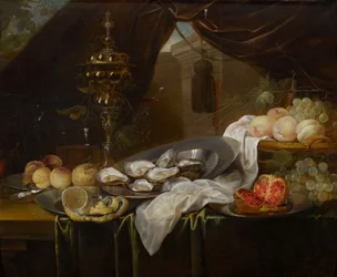 Stilleven met gouden beker, Façon de Venise glaswerk, fruit en oesters