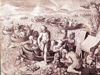 Oestervisserij. 17e eeuw. Gravure door Giovanni Stradano (Jan Van Der Straet) (Johannes Stradanus) (1523-1605)