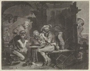 Kaartspelers en een plassende man