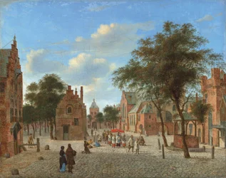 Gezicht op een stadsplein met een processie tijdens het feest van Corpus Christi en knielende figuren voor de hostie, ca. 1637-1712 (olieverf op doek)