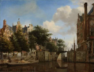 Stadsgezicht van Amsterdam met huizen aan de Herengracht en de oude Haarlemmersluis, c.1670