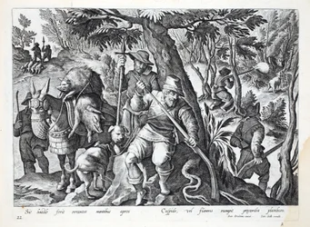 Jagers gebruiken speren of geweren geladen met lood om bergzwijnen te jagen, illustratie uit 