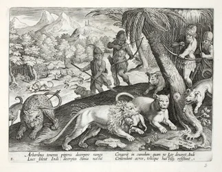 Indianen schieten leeuwen met pijlen, die apen in hun mond hebben, illustratie uit 