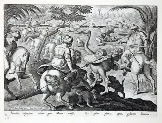 Moren te paard op struisvogeljacht, plaat 62, illustratie uit ‘Venationes, Ferarum, Avium, Piscium’ (Over de jacht: wilde dieren, vogels, vissen), gegraveerd door Jan Collaert (1566-1628), uitgegeven door Phillipus