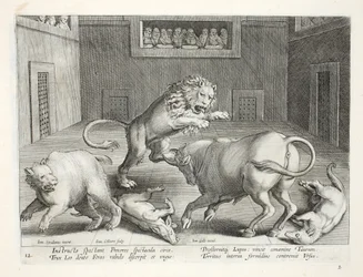 Edelmannen kijken naar gevechten van wilde dieren in een binnencircus, illustratie uit 