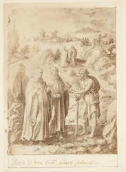 S. Giovanni Alberti Fiorentinos verhaal. De heilige en de begeleidende monnik geven een bedelaar hun laatste brood