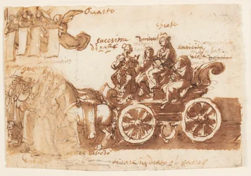 Pagina van een schetsboek; Wagen en drie paarden