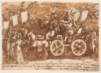 Pagina van een schetsboek; Strijdwagen en drie paarden