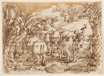 Recto: Olifanten gejaagd door Troglodyten [Holbewoners]; Verso: inscriptie met betrekking tot Plinius de Oudere