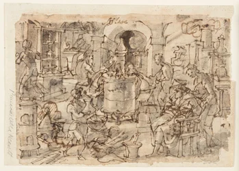 Recto: Uitvinding van distillatie, voorlopig ontwerp voor "Distillatio," plaat 7 in de Nova Reperta (Nieuwe uitvindingen van moderne tijden) prentserie