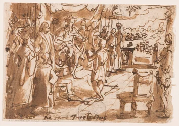 Recto: Jozef die de dromen van de farao uitlegt, voorlopige ontwerp voor plaat 2, "Spiritus Intellectus" (De Geest van Intellect) in de serie "De Zeven Gaven van de Heilige Geest"; Verso: inscriptie met betrekking tot de prentserie van het "Leven van Johan