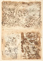 Recto, boven: Kraanvogeljacht met kegels; Onder, links: Jacob, halve figuur; leeuw met een blinddoek over zijn hoofd; kaart van een vesting; Onder rechts: Vossenjacht. Verso, boven links: Spreeuwjacht; onder links: Leeuwenjacht met fakkels en netten; recht