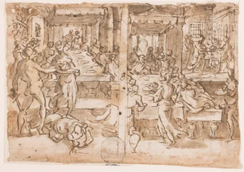 Recto, rechts: Onthoofding van Johannes de Doper, Recto, links: Salome krijgt het hoofd van Johannes de Doper van de beul, ontwerp voor pl.10 in het Leven van Johannes de Doper Verso: Het Lichaam van Alfonso Piccolomini (1551 - 1591), Sienese Bandiet Opgeh