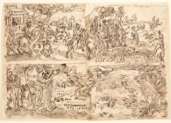 Schetsboekpagina met vier jachtscènes
