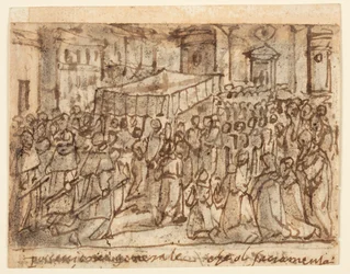 Schetsboekpagina met processie met de hostie en pontificale mis