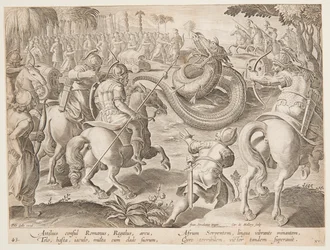De Romeinse consul Attilius Regulus vecht tegen een gigantische Afrikaanse slang, plaat 25 in de Venationes Ferarum serie