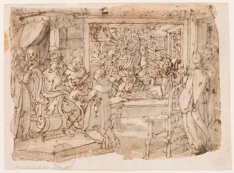 De introductie van de zijderups aan het hof van keizer Justinianus, ontwerp voor "Ser, sive sericus vermis," plaat 8 in de Nova Reperta (Nieuwe Uitvindingen van Moderne Tijden) prentserie