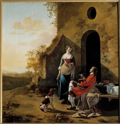 Galante conversatie bij de ingang van een herberg
