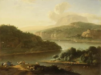 Een rivierlandschap met herder en boerin op de voorgrond