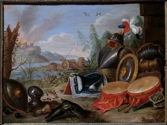 Trofee van wapens. Schilderij door Jan I Kessel de Oude (1626-1679)