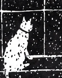 Kat in raam tijdens sneeuwstorm