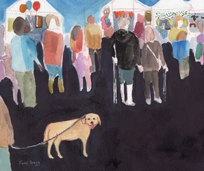 Mensenmenigte en gele lab op straatkermis, ca. 2025 (aquarel en potlood op papier)