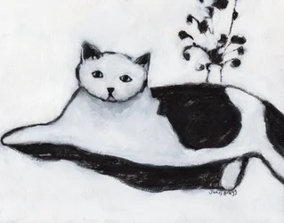 Thomas de kat ligt te luieren, c. 2018 (gemengde techniek op papier)